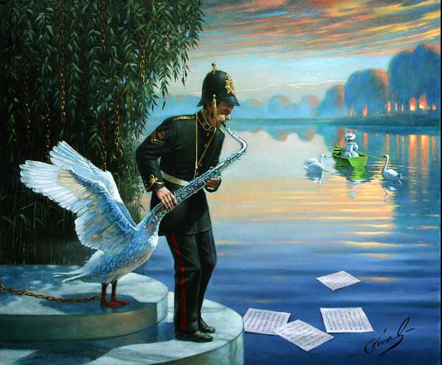 Michael Cheval - SWANSOPHONE ELEGY - Oil on Canvas