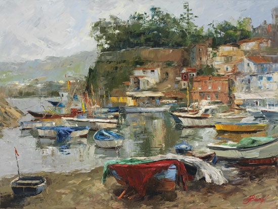 Elena Bond - MEDITERRANEAN PORT VILLAGE - Limited Edition on Canvas