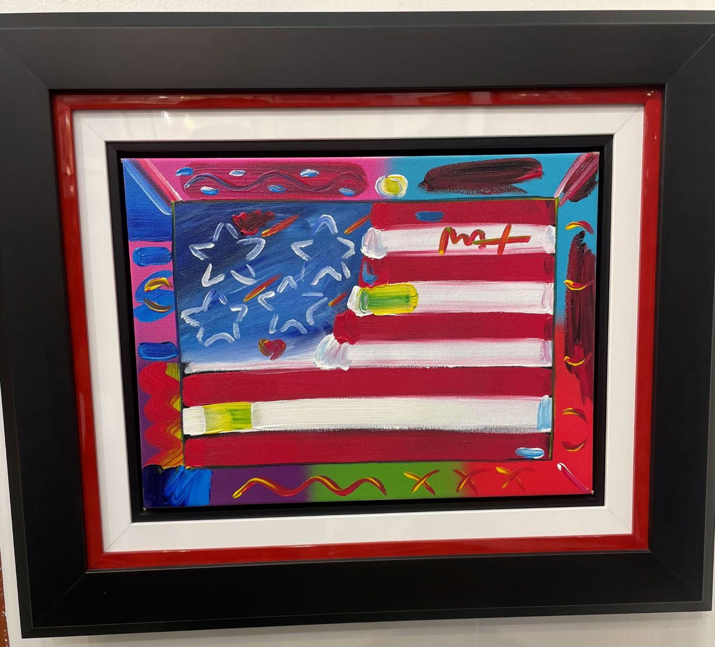 FLAG WITH HEART - original painting on canvas - Fine Art by Peter Max