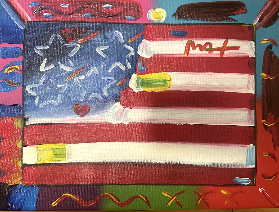 FLAG WITH HEART - original painting on canvas - Fine Art by Peter Max