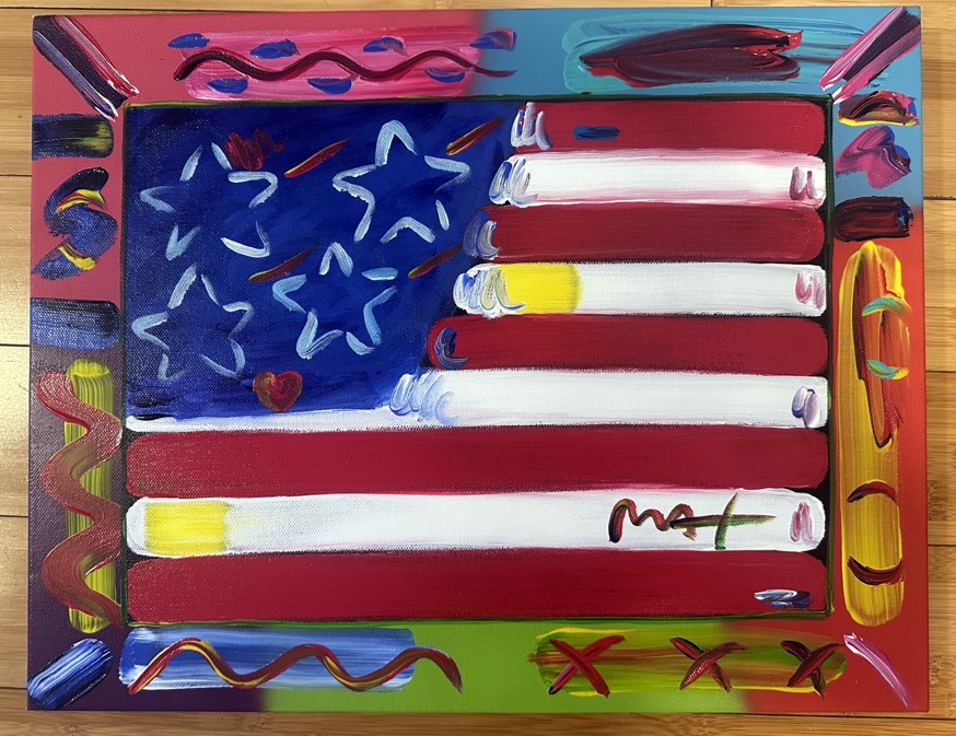 FLAG WITH HEART - original painting on canvas - Fine Art by Peter Max