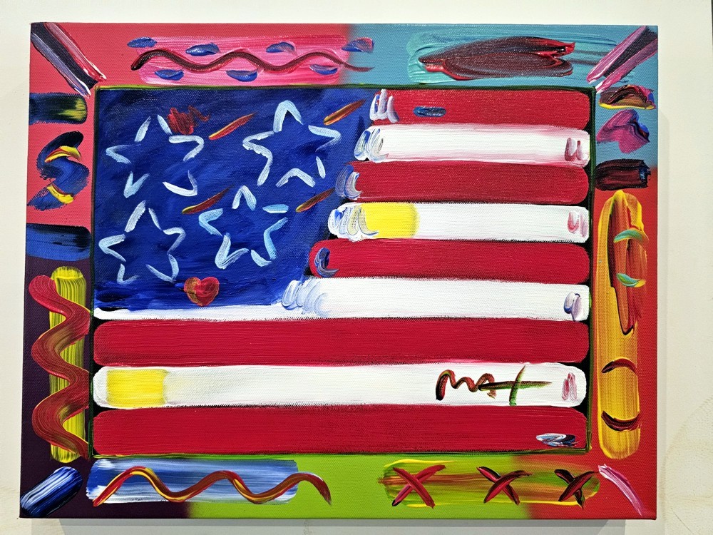 FLAG WITH HEART - original painting on canvas - Fine Art by Peter Max