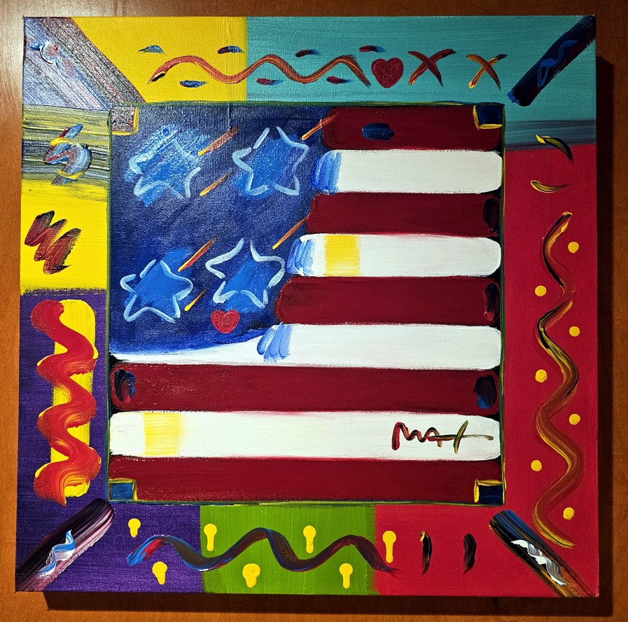 FLAG WITH HEART - original painting on canvas - Fine Art by Peter Max